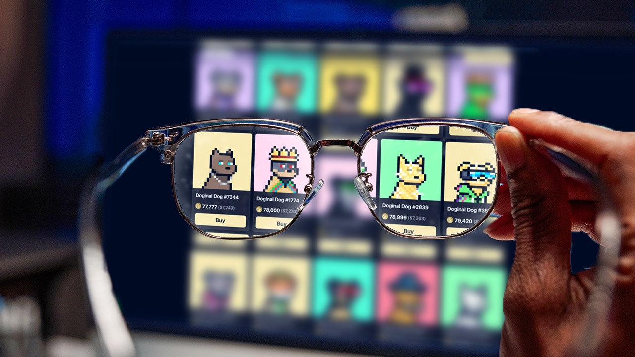 Tilted marketplace card for a Doginal Dog listing above a pixel dog grid