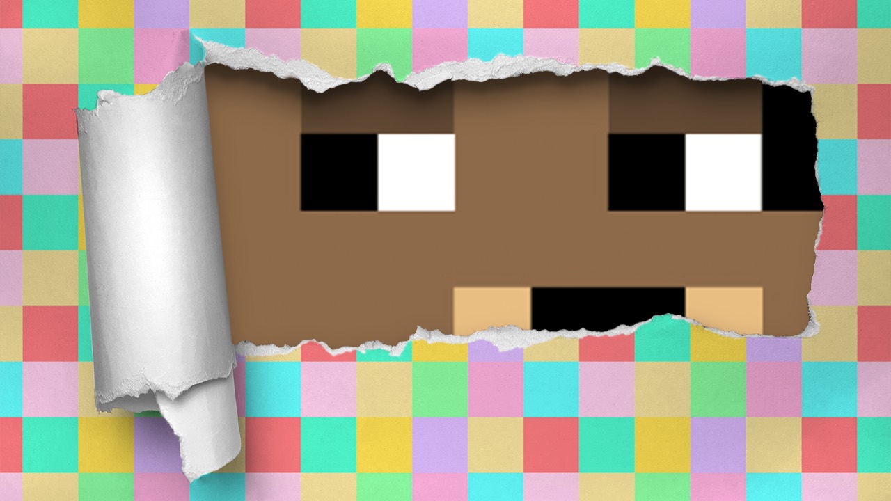 Torn pastel paper revealing close-up Doginal Dogs pixel dog eyes